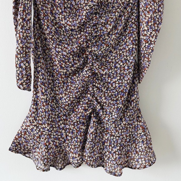 Zara Floral Ruched Mini Dress Size M Purple Black Long Sleeve V-Neck Ruffle Hem - Picture 7 of 14